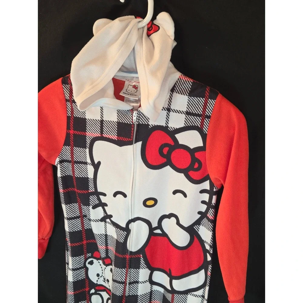Kids Hello‎ Kitty Plaid Hooded Pajama Onepiece Sleepwear S 6/6x Red Black White
